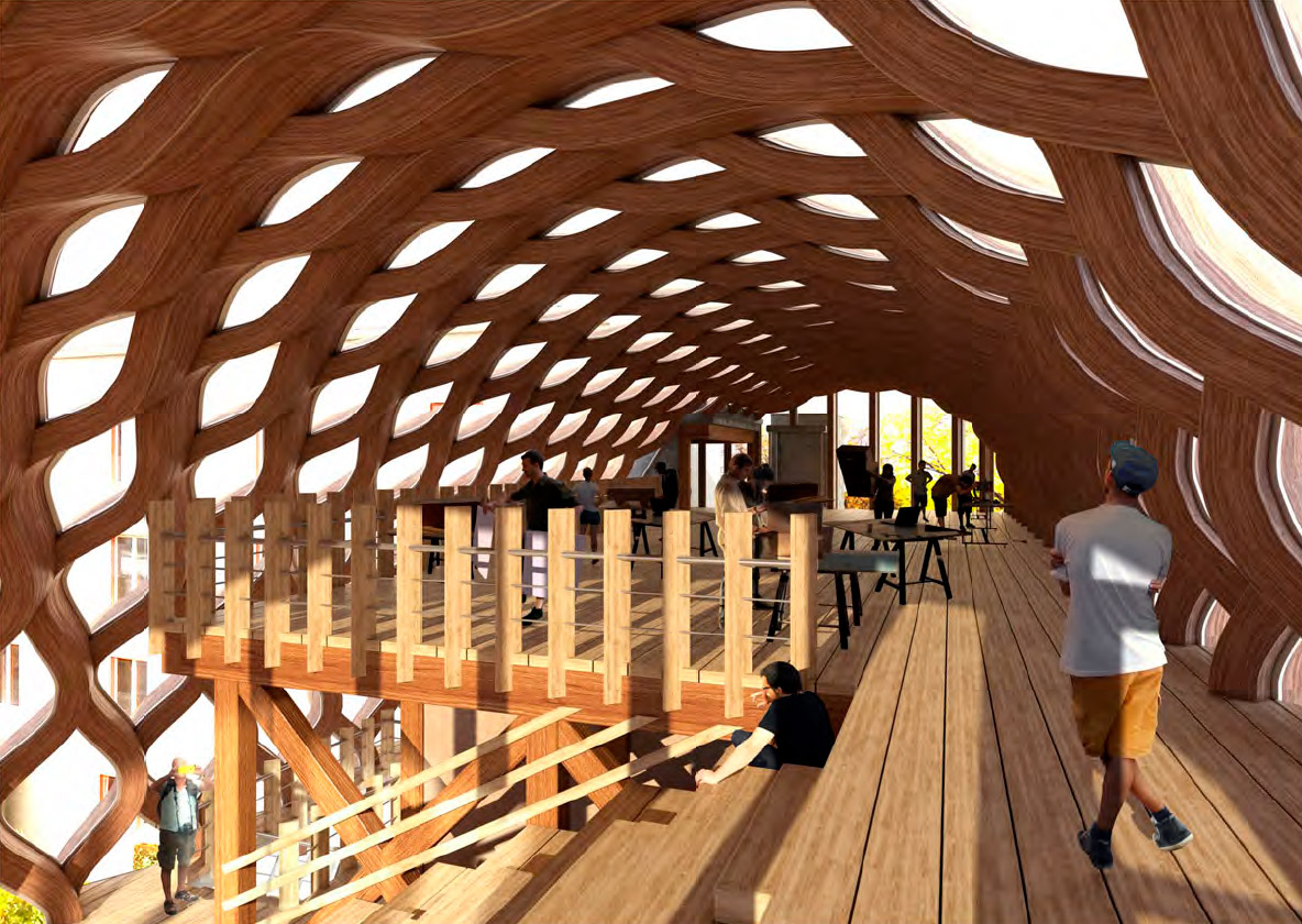 Inspirierende Atmosphäre: Optimierte Hüllstruktur mit Holztragwerk im Innenraum. (Abbildung: Ivan Cholakov)