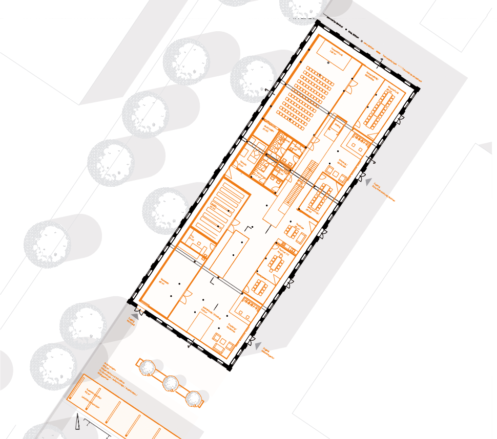 Grundriß Erdgeschoss mit Nutzungsmix aus Veranstaltungssaal, einer Materialagentur und gemeinschaftlich genutzten Räumen (Abb.: Anita Dirmeier)