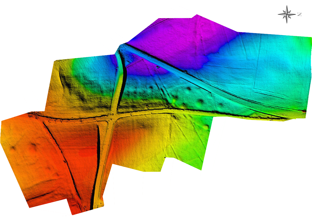Abbildung 5: Digitales Höhenmodell mit farblich dargestelltem Höhenverlauf. Gut sichtbar sind hier die Hügelgräber im Straßendreieck.