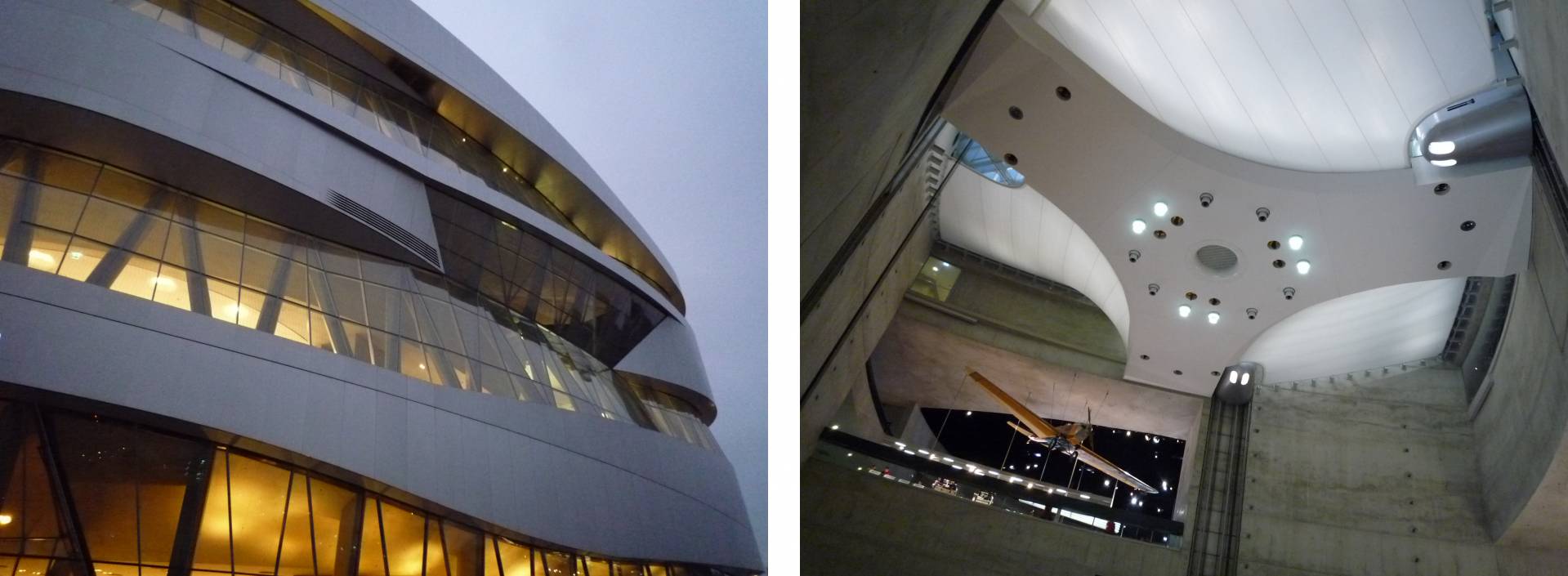 Komplexe Geometrien an der Fassade, textile Lichtdecke als „Himmel“ im Atrium (Fotos: J. Müller)