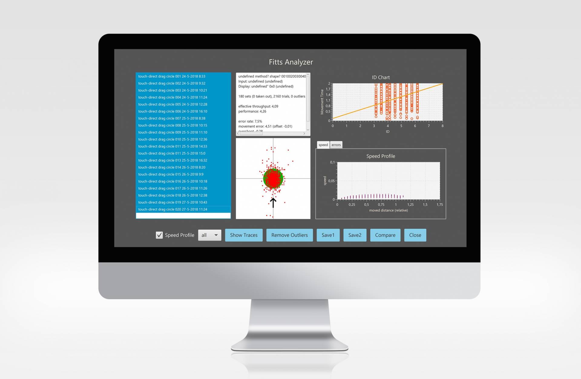 Analysesoftware „Fitts Lab“ zum detaillierten Vergleich von Touch-Interaktionen.