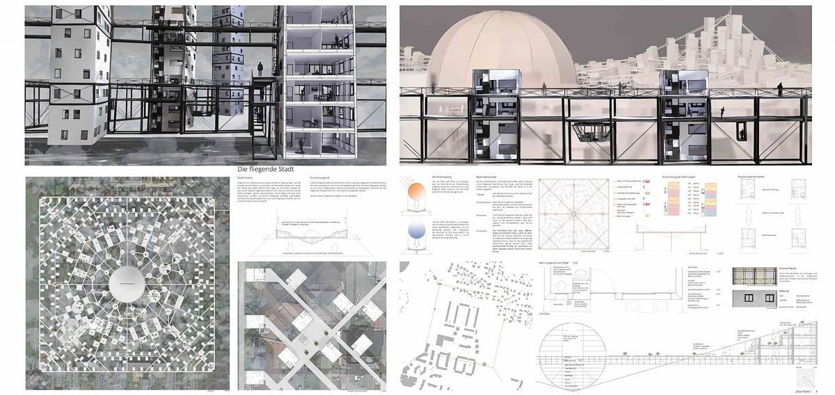 Schinkel-Preis für Architekturstudent Christian Rapp: Die „fliegende Stadt“ in unterschiedlichen Perspektiven. Foto: Christian Rapp