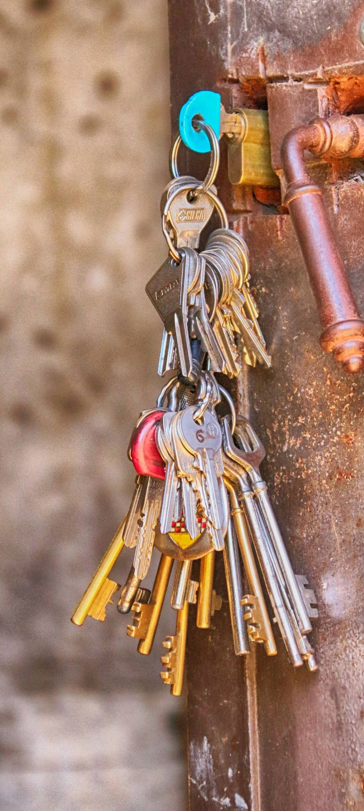 Schlüsselbund mit vielen Schlüsseln und Türschloss
