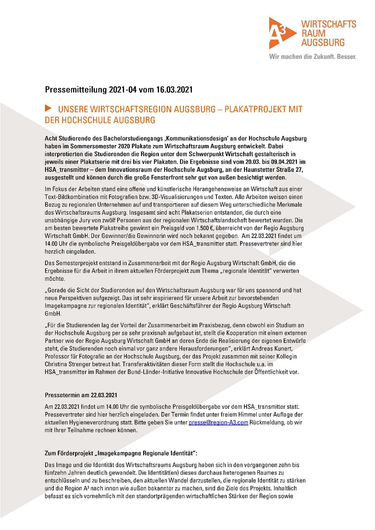 Pressemitteilung der A3 Regio Wirtschaft GmbH vom 16.03.2021