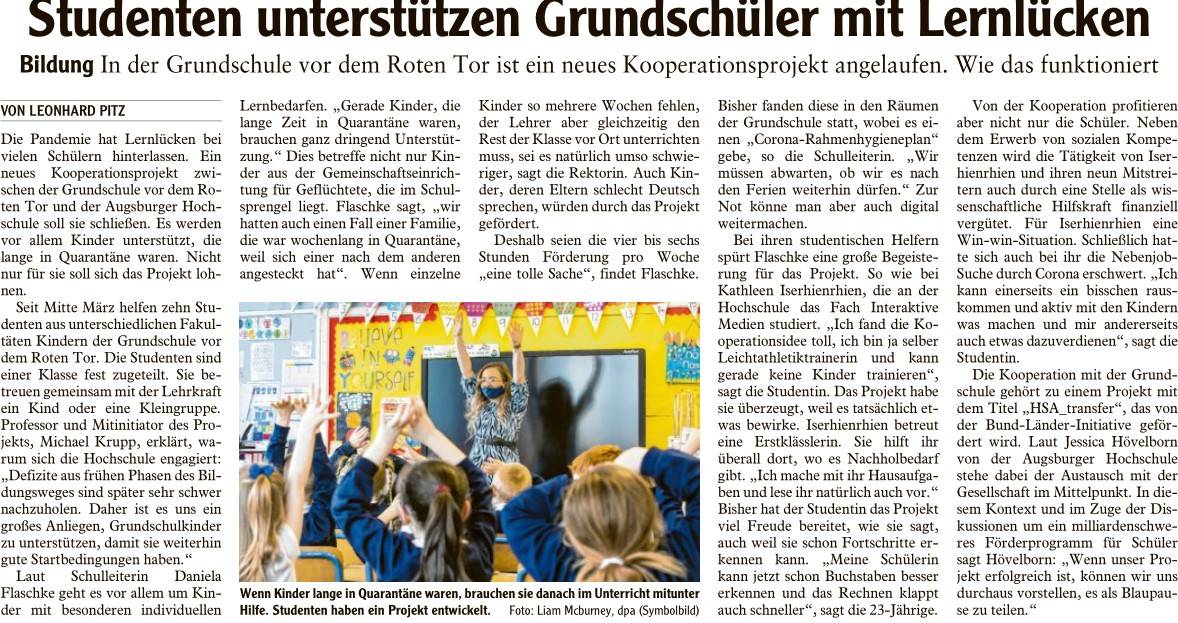 Augsburger Allgemeine Print-Ausgabe, 31.03.2021, S. 31: Studenten unterstützen Grundschüler mit Lernlücken