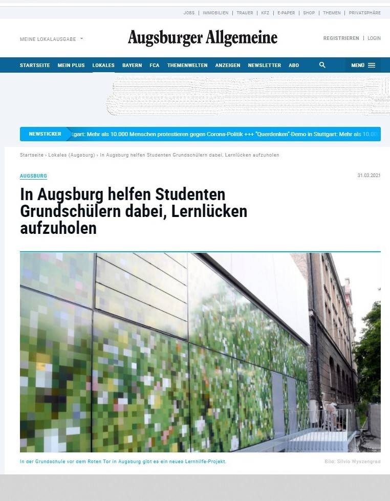 Augsburger Allgemeine Online, 31.03.2021: In Augsburg helfen Studenten Grundschülern dabei, Lernlücken aufzuholen