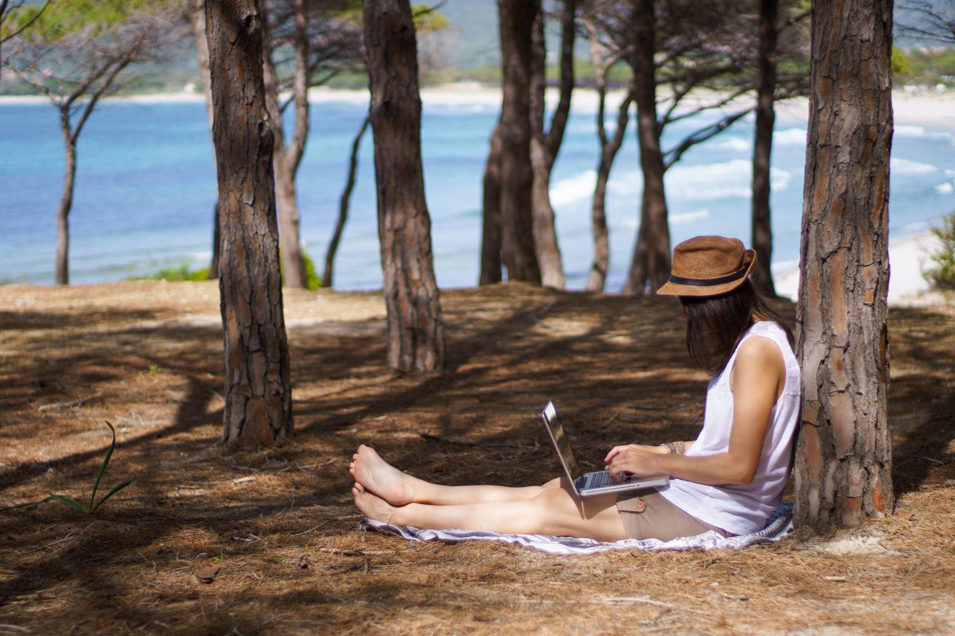 Frau sitzt in einem Wald am Meer und schreibt am Laptop