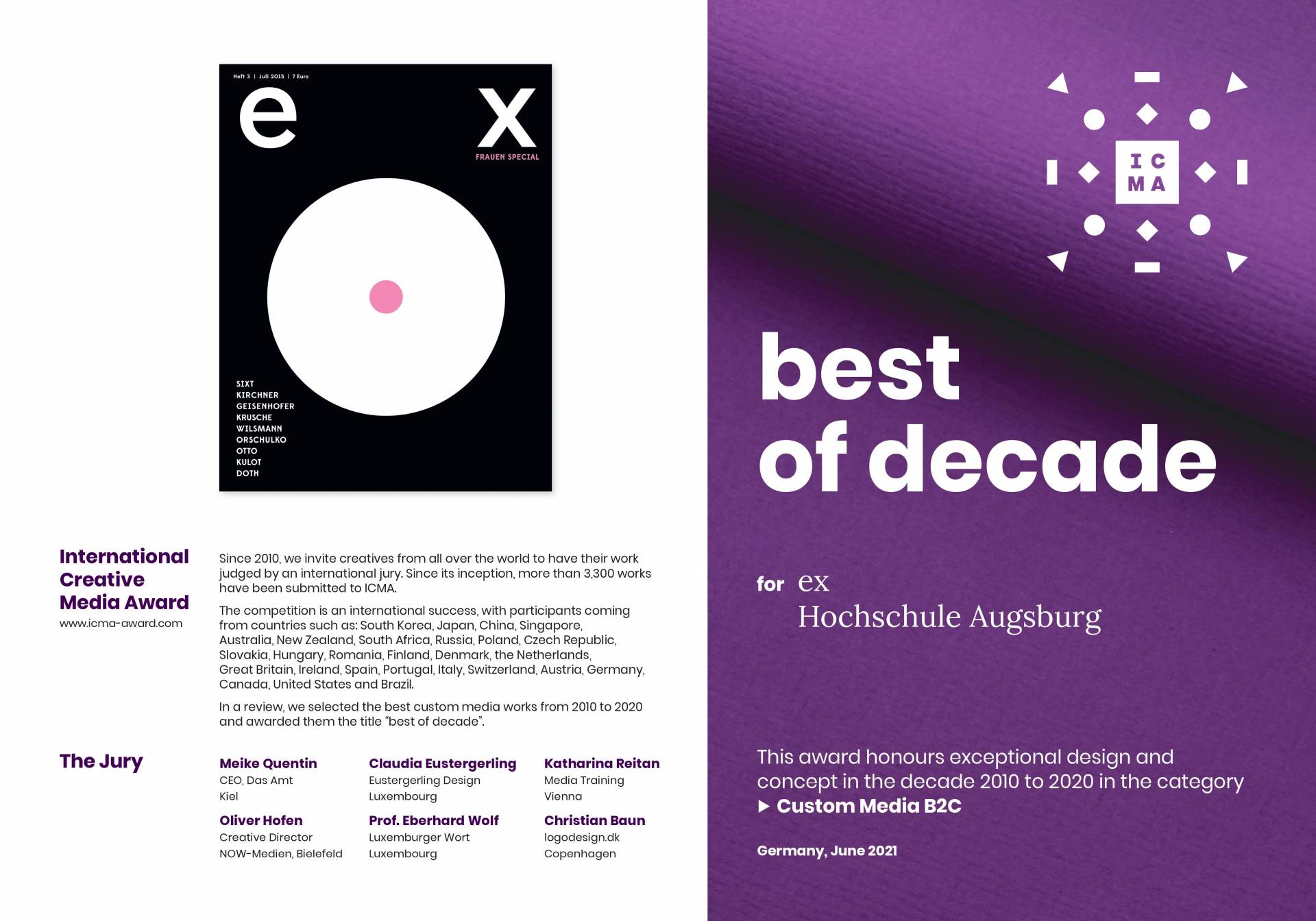 Urkunde: Die Ausgaben 2 und 3 des ex Magazins gehören zu den besten Arbeiten der Dekade beim ICMA – International Creative Media Award.