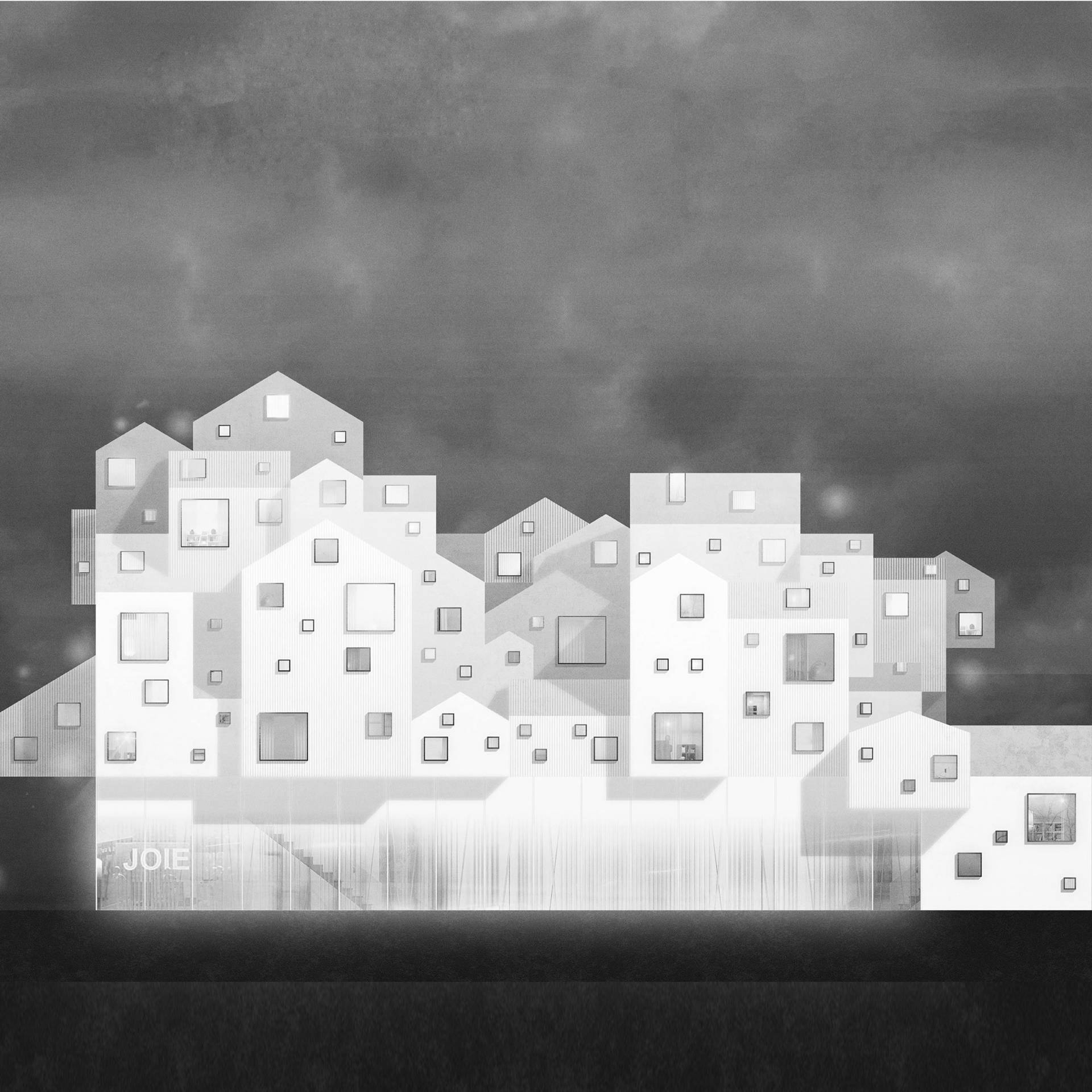 Graphische Skizze eines mehrstöckigen Hauses mit verschiedenen Gebäudeteilen
