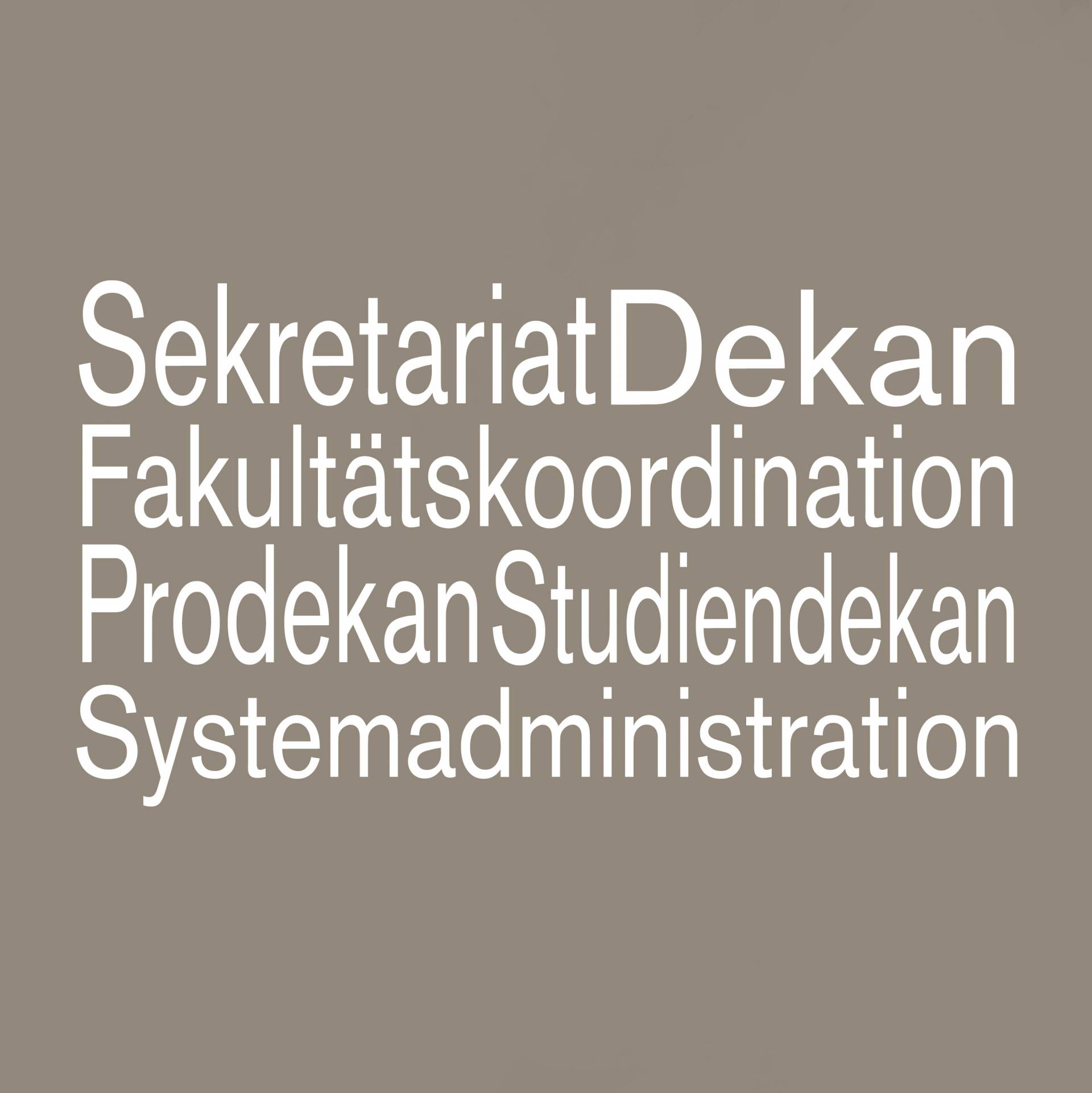 Grauer Untergrund mit weißer Schrift: Sekretariat Dekan Fakultätskoordination Prodekan Studiendekan Systemadministration