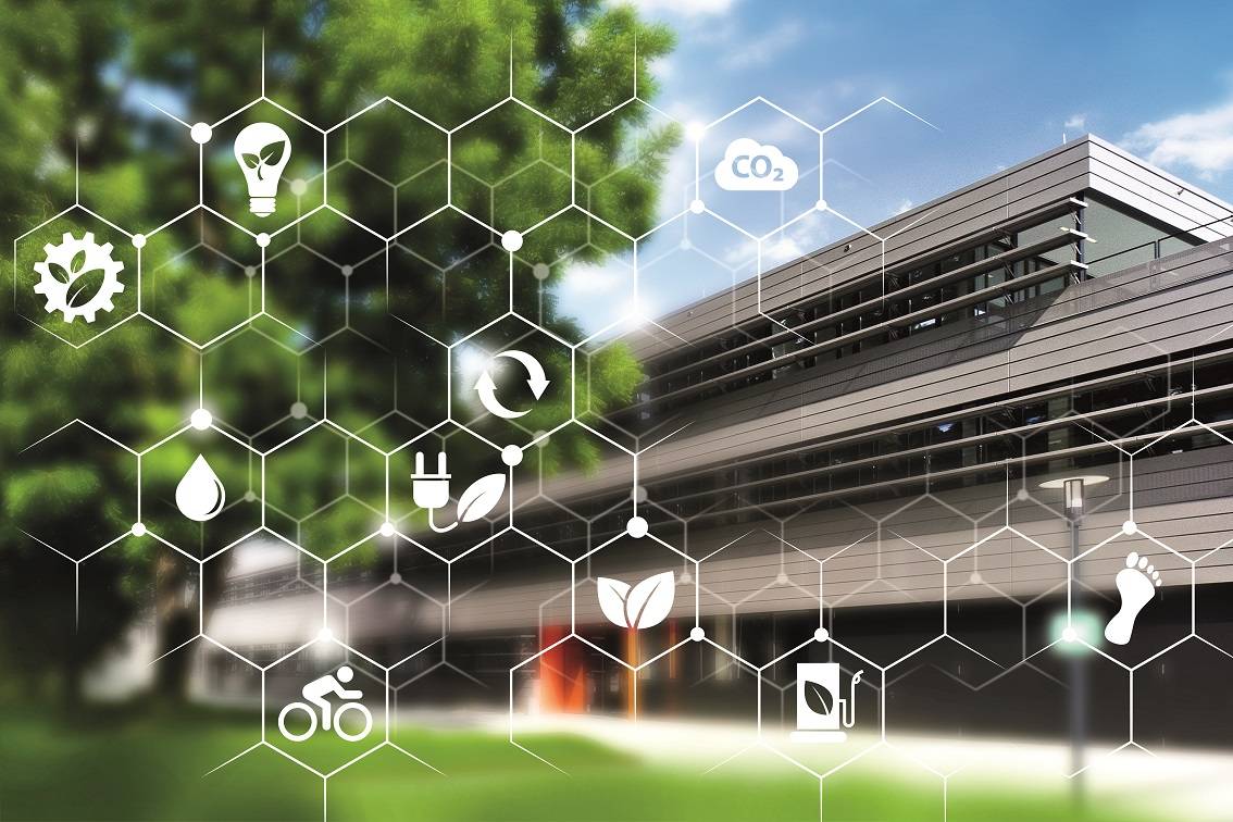 Bild: Collage Gebäude HSA und Nachhaltigkeitssymbold