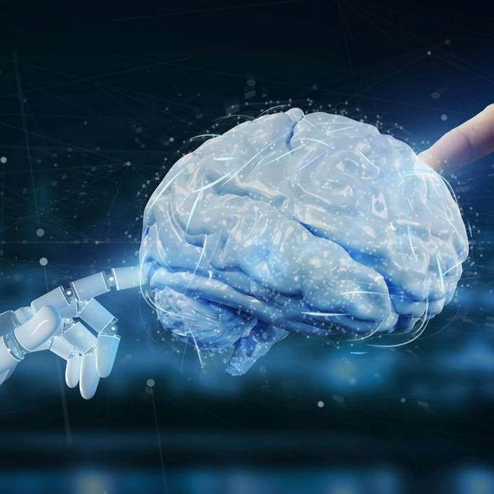 Roboterhand und menschliche Hand berühren ein Gehirn