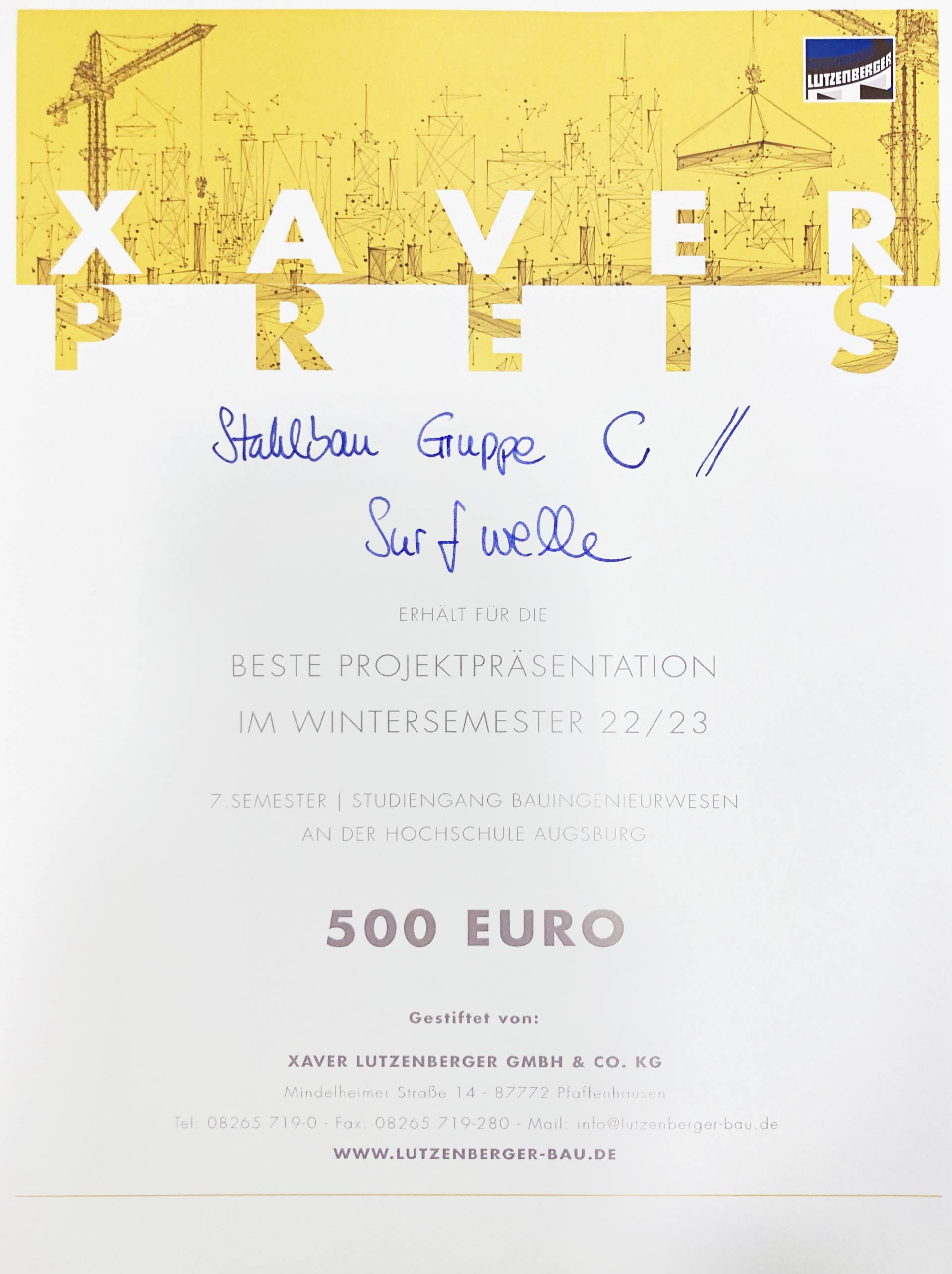 Urkunde Xaver-Preis